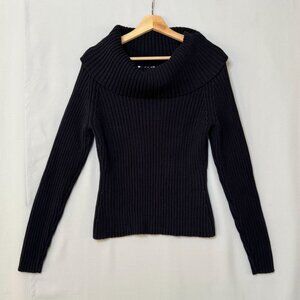 90s Vintage Casual Corner Made in Japan Black Rib Knit Cowl Neck Sweater Large